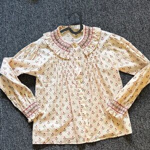 Zara Cream Floral Smocked Ruffle Collar Blouse